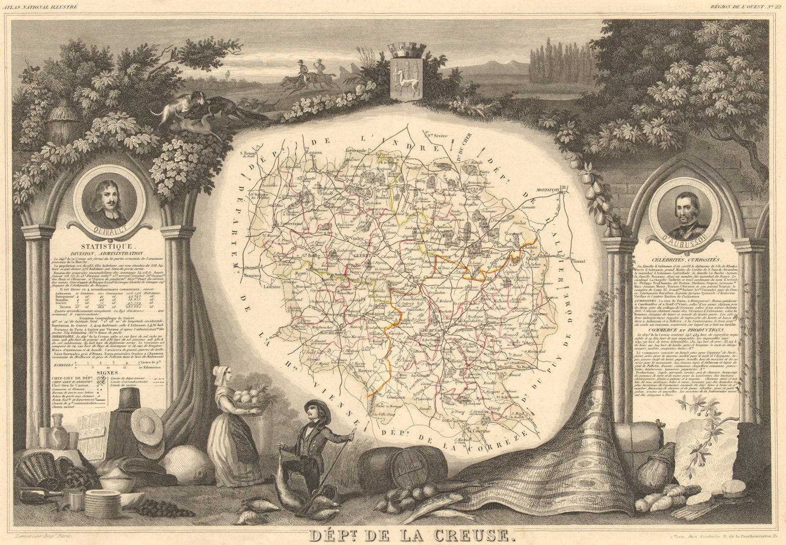 Département de la CREUSE. Decorative antique map/carte by Victor LEVASSEUR 1852